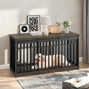 imageYITAHOME 55 Inch Large Dog Crate Furniture Heavy Duty Wooden Dog Crate TV Stand with 2 Dog Bowls Metal Dog Kennel Indoor Furniture Sliding Barn Door Design for Extra Large Dogs Rustic BrownBlack Oak