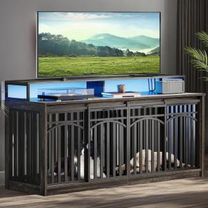 imageYITAHOME 55 Inch Large Dog Crate Furniture Heavy Duty Wooden Dog Crate TV Stand with 2 Dog Bowls Metal Dog Kennel Indoor Furniture Sliding Barn Door Design for Extra Large Dogs Rustic BrownBlack OakLed Light