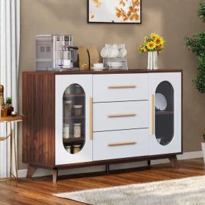 imageYITAHOME 59 Kitchen Storage Cabinet Sideboard Buffet Cabinet with Glass Doors and 3 Drawers Coffee Bar Cabinets with Adjustable Shelf for Living Room White ampamp Brown