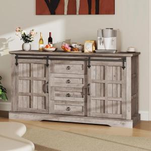 imageYITAHOME 59quot Farmhouse Buffet Cabinet with Storage Large Sideboard Cabinet wSliding Barn Doors and 4 Drawers for Living Room Wash GreyWash Grey