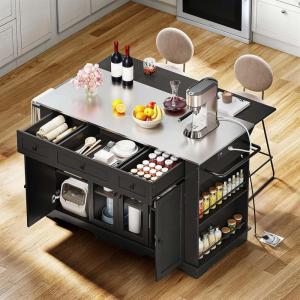 imageYITAHOME 60 Inch Kitchen Island with Drop Leaf Mobile Stroage Islands with Stainless Steel Top Rolling Island Table with Power Outlet Adjustable Shelves Spice Rack Towel Rack for Kitchen Black