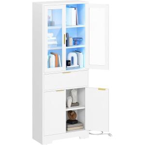 imageYITAHOME 65quot Tall White Bookshelf White Bookcase with Doors and Drawers Tall Bookshelf with MultiColor LED Lights Kitchen Pantry Storage Cabinet for Kitchen Living RoomWhite