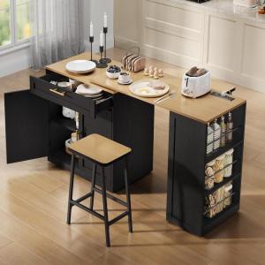 imageYITAHOME 67 inch Kitchen Island with Seating ampamp Extendable Dining Table Mobile Storage Islands with 2 Chairs Rolling Expandable Island with Power Outlet 3Tier Spice Rack LShaped Cart BlackBlack Oak