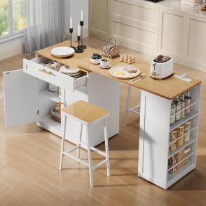 imageYITAHOME 67 inch Kitchen Island with Seating ampamp Extendable Dining Table Mobile Storage Islands with 2 Chairs Rolling Expandable Island with Power Outlet 3Tier Spice Rack LShaped Cart BlackWhite Oak