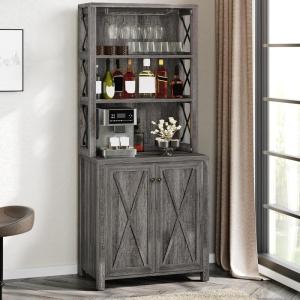 imageYITAHOME 67quot Tall Wine Bar Cabinet for Liquor and Glasses Farmhouse Freestanding Coffee Bar Cabinet with Glasses Racks  Storage Shelves WGlass Doors for Living Dining Room Hallway Dark Rustic OakDark Grey