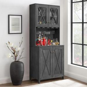 imageYITAHOME 67quot Tall Wine Bar Cabinet for Liquor and Glasses Farmhouse Freestanding Coffee Bar Cabinet with Glasses Racks  Storage Shelves WGlass Doors for Living Dining Room Hallway Dark Rustic OakRustic Charcoal Grey