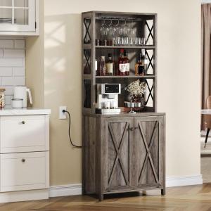 imageYITAHOME 67quot Tall Wine Bar Cabinet for Liquor and Glasses Farmhouse Freestanding Coffee Bar Cabinet with Glasses Racks  Storage Shelves WGlass Doors for Living Dining Room Hallway Dark Rustic OakGrey Wash