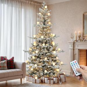imageYITAHOME 6FT Prelit Slim Fraser Grande Christmas Tree with Remote Control Artificial Hinged Drooping Pencil Prelit Holiday Christmas Tree w 1628 Mixed PE ampamp PVC Tips 300 Lights ampamp 11 Light ModesWhite Flocked