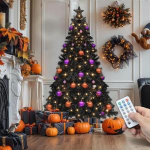 imageYITAHOME 6ft Prelit Halloween Hinged Christmas Tree with Remote Control Prelit Black Artificial Christmas Tree for Home Office Party Decoration with 820 Branch Tips and 250 Lights