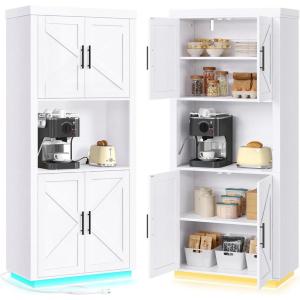 imageYITAHOME 71quot Kitchen Pantry Storage Cabinet with Microwave Stand Tall Farmhouse Kitchen Hutch with LED ampamp Power Outlet Freestanding Cupboard with Door and Shelves for Dining Room White OakWhite Oak
