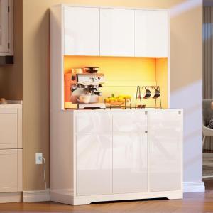 imageYITAHOME 71quot Kitchen Pantry Storage Cabinet with Microwave Stand Tall Farmhouse Kitchen Hutch with LED ampamp Power Outlet Freestanding Cupboard with Door and Shelves for Dining Room White OakWhite