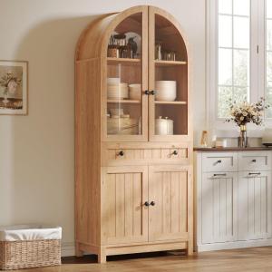 imageYITAHOME 71quot Tall Arched Kitchen Pantry Storage Cabinet with Glass Doors Drawers ampamp Adjustable Shelves Modern Farmhouse Wood Versatile Cupboard for Dining Room Living Room Bathroom WoodNatural Oak