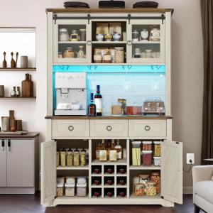 imageYITAHOME 72quot Farmhouse Bar Cabinet with Bottle Rack and Wine Glass Holder Large Kitchen Buffet with Shelves Wine Cabinet with 3 DrawersCoffee Bar Sideboard with LED Lights Off WhiteWalnut GrainOff Whitewalnut Grain