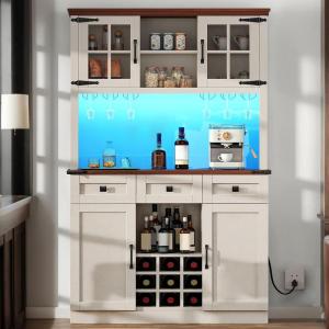 imageYITAHOME 72quot Farmhouse Bar Cabinet with Bottle Rack and Wine Glass Holder Large Kitchen Buffet with Shelves Wine Cabinet with 3 DrawersCoffee Bar Sideboard with LED Lights Off WhiteWalnut GrainWhite Walnut