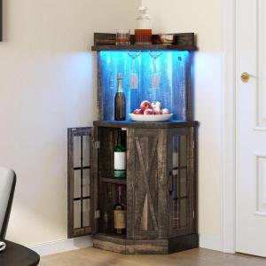 imageYITAHOME 72quot Farmhouse Corner Bar Cabinet with LED Lights ampamp Glass Door Wine Cabinet with Glass Holder 6Tiers Liquor Bar Cabinet for Home Kitchen ampamp Living Room Dark Rustic OakRustic Dark Oak
