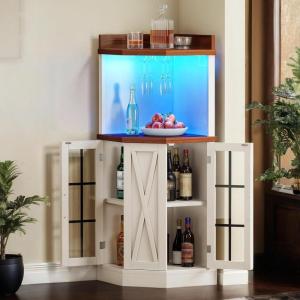 imageYITAHOME 72quot Farmhouse Corner Bar Cabinet with LED Lights ampamp Glass Door Wine Cabinet with Glass Holder 6Tiers Liquor Bar Cabinet for Home Kitchen ampamp Living Room Dark Rustic OakWhite Walnut