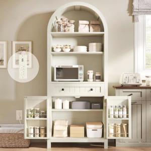 imageYITAHOME 73quot Arched Cabinet Kitchen Pantry Storage with Charging Station and Tabletop Farmhouse Versatile Cupboard with Drawer Shelves and Extra Door Racks for Kitchen Dining Room Retro WhiteRetro White