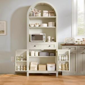 imageYITAHOME 73quot Arched Cabinet Kitchen Pantry Storage with Charging Station and Tabletop Farmhouse Versatile Cupboard with Drawer Shelves and Extra Door Racks for Kitchen Dining Room Retro WhiteWhite