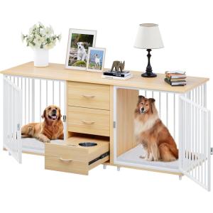 imageYITAHOME 74quot Double Dog Crate Furniture with 2 Feeder Bowls Wooden Dog Kennel TV Stand with Room Divider for 2 Large Medium Small Dogs Rustic BrownWalnut White