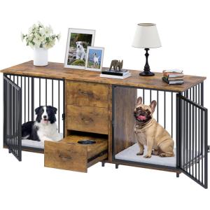 imageYITAHOME 74quot Double Dog Crate Furniture with 2 Feeder Bowls Wooden Dog Kennel TV Stand with Room Divider for 2 Large Medium Small Dogs Rustic BrownBrown