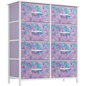 imageYITAHOME 8Drawer Fabric Dresser Furniture Storage Tower Cabinet Organizer for Bedroom Living Room Hallway Closet Sturdy Steel Frame Wooden Top EasytoPull Fabric Bins Rustic BrownTiedye Purple Print