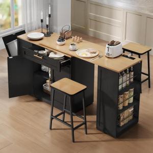 imageYITAHOME 90 inch Kitchen Islands with Extendable Dining Table ampamp Seating for 24 Mobile Storage Islands with 2 Chairs Rolling Kitchen Cart with Trash Cabinet Power Outlet 3Tier Spice Rack WhiteBlack