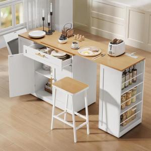 imageYITAHOME 90 inch Kitchen Islands with Extendable Dining Table ampamp Seating for 24 Mobile Storage Islands with 2 Chairs Rolling Kitchen Cart with Trash Cabinet Power Outlet 3Tier Spice Rack WhiteWhite