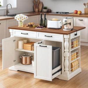 imageYITAHOME Americana Kitchen Island with Drop Leaf ampamp Power Outlet 476 inch Mobile Butcher Block Island Cart PullOut Trash Can Storage 3Tier Spice Rack White and WalnutOffwhite