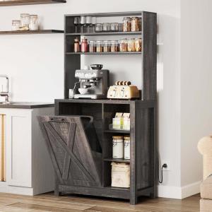 imageYITAHOME Bakers Rack Microwave Stand with Trash Can Storage Bin Cabinet and Power Outlet 6Tiers Farmhouse Kitchen Tall Thickened Coffee Bar Station with Adjustable Shelf Rustic OakBrown