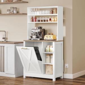 imageYITAHOME Bakers Rack Microwave Stand with Trash Can Storage Bin Cabinet and Power Outlet 6Tiers Farmhouse Kitchen Tall Thickened Coffee Bar Station with Adjustable Shelf Rustic OakWhite