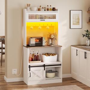 imageYITAHOME Bakers Rack with Power Outlet and Storage Farmhouse Microwave Stand with LED Lights Heavy Duty 5Tier Coffee Bar Cabinet Station with 7 Hooks for Kitchen Dining Room Living Room WhiteWhite