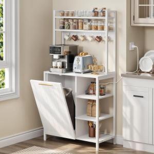 imageYITAHOME Bakers Rack with Storage Microwave Stand with Trash Can Bin Cabinet and Power Outlet 6Tiers Coffee Stand Large Microwave Table for Kitchen Dining Room Living Room WhiteWhite