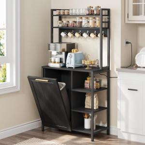imageYITAHOME Bakers Rack with Storage Microwave Stand with Trash Can Bin Cabinet and Power Outlet 6Tiers Coffee Stand Large Microwave Table for Kitchen Dining Room Living Room WhiteBlack