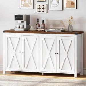 imageYITAHOME Buffet Cabinet with Storage 55 Modern Farmhouse Coffee Bar Cabinet w4 Doors Adjustable Shelf Wood Large Kitchen Storage Cabinet with Barn Doors for Kitchen Living Room GreyBrownWhite Brown