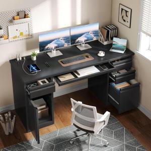 imageYITAHOME Computer Desk with 5 Drawers Executive Desk with Power Outlets 57quot Office Desk with File Cabinet Keyboard Tray for Home Office Small Spaces Steel Black ampamp WhiteBlack