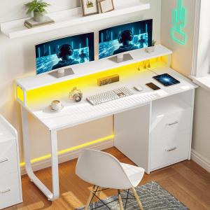 imageYITAHOME Computer Desk with Drawers 472quot Office Desk with Power Outlets ampamp LED Light Home Office Desk with Storage Shelves White ampamp OakWhite