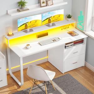 imageYITAHOME Computer Desk with Drawers 55quot Office Desk with Power Outlets ampamp LED Light Home Office Desk with Storage Shelves White