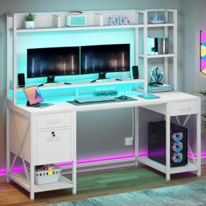 imageYITAHOME Computer Desk with Hutch ampamp Drawers 59quot Office Desk with Power Outlets Gaming Desk with LED Lights and Storage Shelves GreyWhite