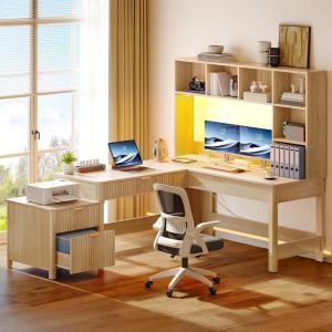 imageYITAHOME Computer Desk with Hutch and Drawers 55quot Office Desk with Storage Shelves and Printer Stand Gaming Desk with Power Outlets ampamp LED Lights Fluted Sturdy Writing Workstation Natural OakL Shaped Desk with Hutch