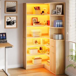 imageYITAHOME Corner Bookshelf with Storage Farmhouse 6Tier Bookshelf with Drawers and Cabinets LShaped Bookcase LED Lights Corner Display Shelf for Home Office Living Room BedroomNatural Oak