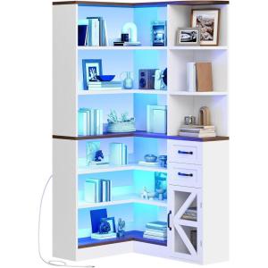 imageYITAHOME Corner Bookshelf with Storage Farmhouse 6Tier Bookshelf with Drawers and Cabinets LShaped Bookcase LED Lights Corner Display Shelf for Home Office Living Room BedroomWhite