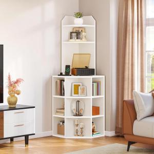 imageYITAHOME Corner Shelf with USB Ports ampamp Outlets Industrial Corner Storage Cabinet Rack Charging Station Wooden Display Bookshelf Bookcase for Living Room Bedroom Dining Room Kitchen BlackWhite