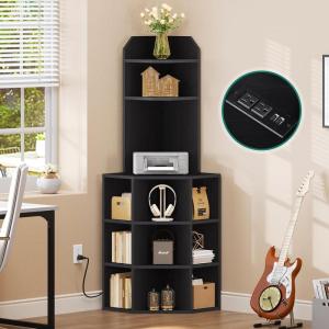 imageYITAHOME Corner Shelf with USB Ports ampamp Outlets Industrial Corner Storage Cabinet Rack Charging Station Wooden Display Bookshelf Bookcase for Living Room Bedroom Dining Room Kitchen BlackBlack