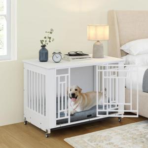 imageYITAHOME Dog Crate Furniture 382quot Heavy Duty Dog Cage Wooden Side End Table with Wheels ChewResistant Metal Dog Kennel with Removable Tray Dog House Indoor for Small Medium Dogs White