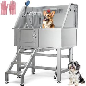 imageYITAHOME Dog Grooming Bathtub Professional Stainless Steel 304 Dog Bathing Station wRight Ramp Faucet Floor Grate 50in Pet Washing Station for Large Medium Small PetsLeft Stairs