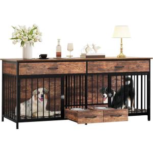 imageYITAHOME Double Dog Crate Furniture with Dog Feeder 748quot Wooden Decorative Dog Kennel Furniture Indoor Heavy Duty Dog Crate with Drawers 2 Room Divider for 2 Medium Large Dogs BrownBrown
