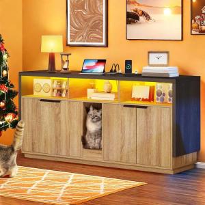 imageYITAHOME Double Hidden Cat Litter Box Enclosure with Power Outlet ampamp LED Light 60 Inch Dual Kitty Litter Box TV Stand Furniture for 2 Cats Wooden Cat Cabinet for Indoor Cats Grey OakGrey OakLed light