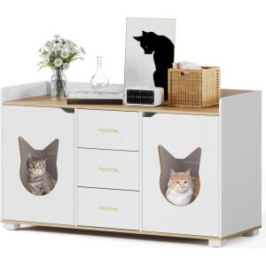 imageYITAHOME Double Hidden Cat Litter Box Enclosure with Power Outlet ampamp LED Light 60 Inch Dual Kitty Litter Box TV Stand Furniture for 2 Cats Wooden Cat Cabinet for Indoor Cats Grey OakWhite