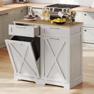 imageYITAHOME Double Tilt Out Trash Cabinet 20 Gallon Wooden Free Standing Laundry Cabinet with Barn Doors Kitchen Trash Recycling Cabinet with 2 Drawer TiltOut Hamper for Kitchen Off WhiteOff White