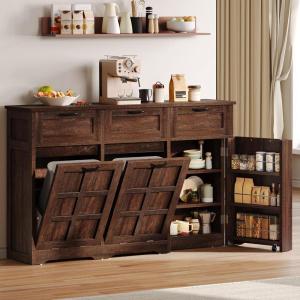 imageYITAHOME Double Tilt Out Trash Can Cabinet with Storage Two 10Gallon Kitchen Trash Can with 3 Drawers Kitchen Island Laundry Hamper Brown OakBrown Oak